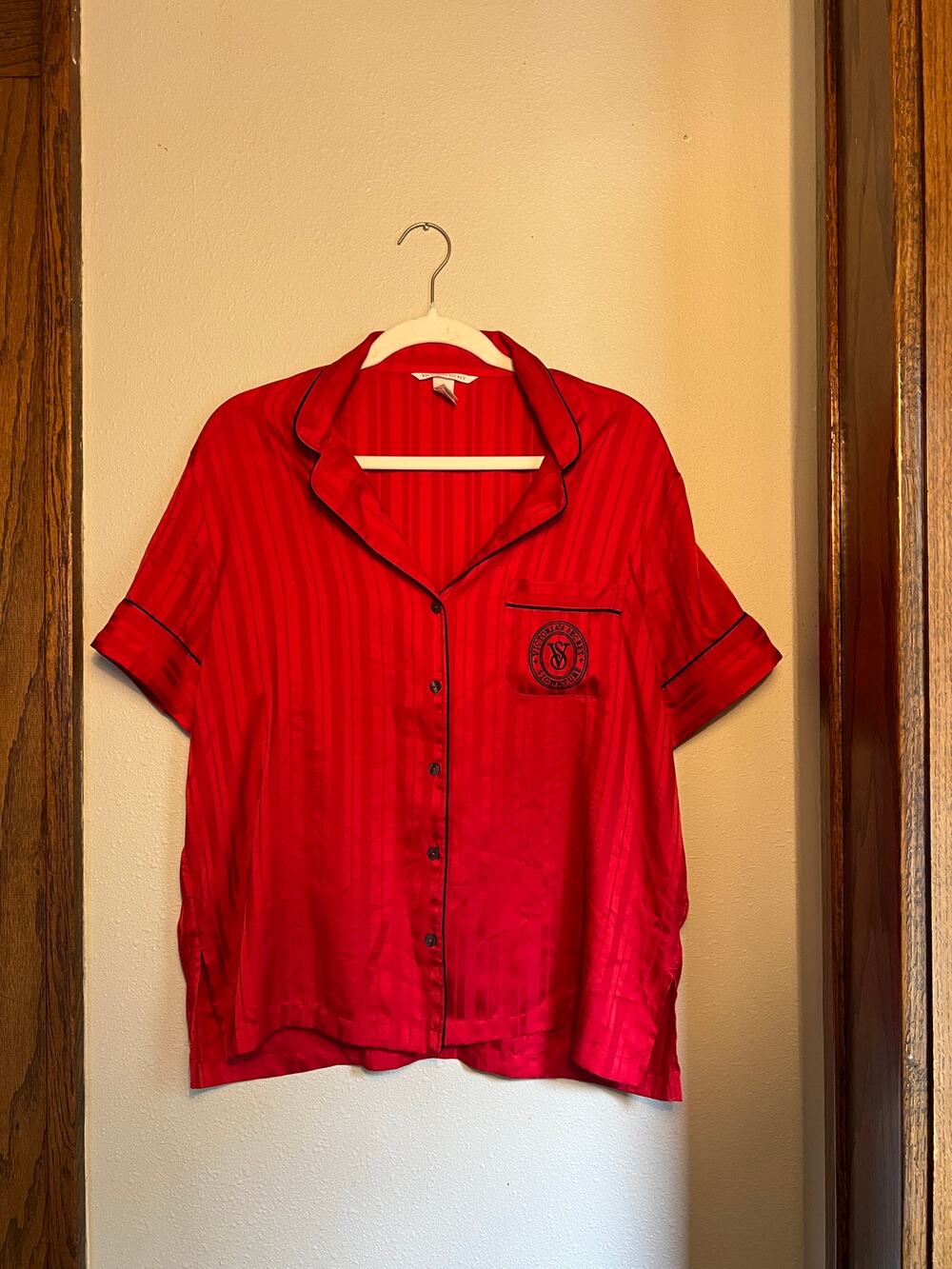 Victoria’s Secret Red Satin Pajama Top Black Logo Stripe Button Up Size M